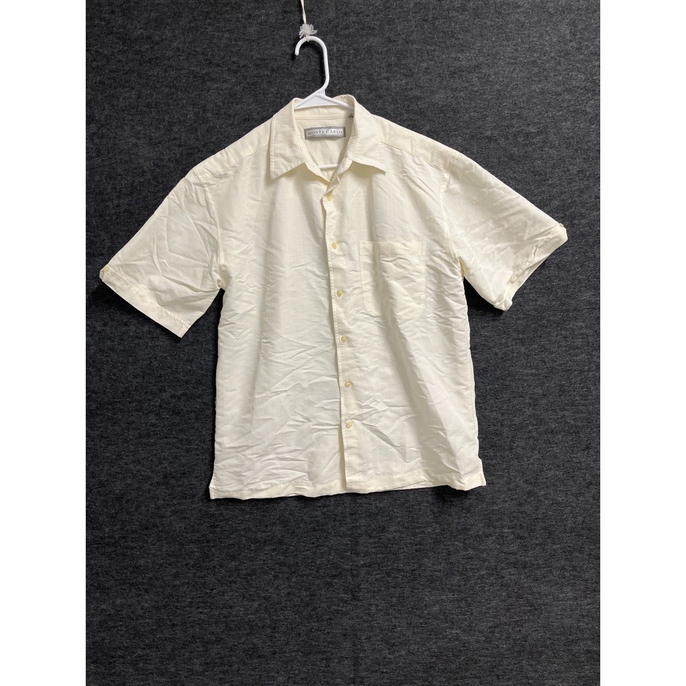 Monte Carlo Shirt Men Medium Beige Rayon Pleated Button Up Outdoor Everyday Wear
